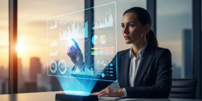 Uma mulher de terno sentada à mesa com um laptop e um tablet