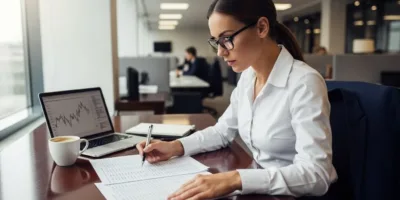Uma mulher de camisa branca e óculos trabalhando em um laptop
