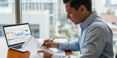 Um homem sentado em uma mesa com um laptop e papéis
