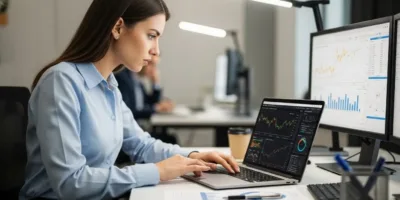 Uma mulher trabalhando em seu computador em uma mesa