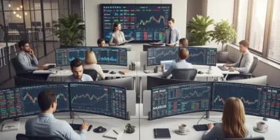 Um grupo de pessoas trabalhando em mesas em um escritório