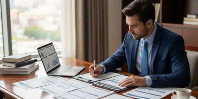 Um homem de terno sentado em uma mesa com papéis e um laptop