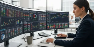 Uma mulher de terno está trabalhando em um computador