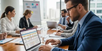 Um homem de terno sentado em uma mesa com um laptop