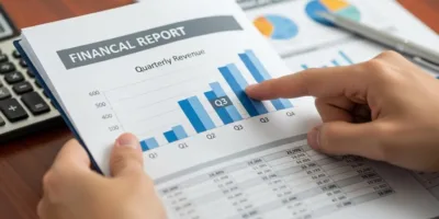 Uma pessoa está segurando uma caneta e um papel com um relatório financeiro