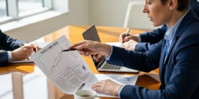 Dois homens de terno sentados em uma mesa com papéis
