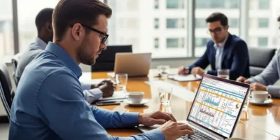 Um homem usando um laptop em uma sala de reuniões