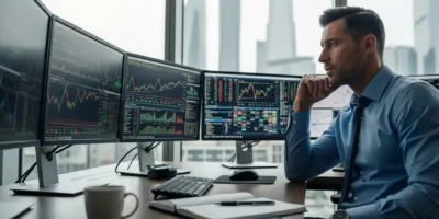 Um homem sentado em uma mesa com dois monitores e um computador