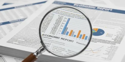 Uma lente de aumento dando destaque em gráficos financeiros em uma folha de papel