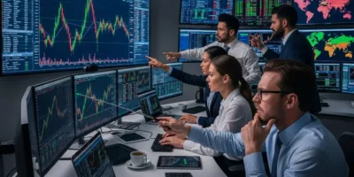 Pessoas negociando no mercado de ações, diante de monitores e mapas