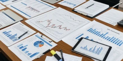 Uma mesa cheia de papéis e laptops