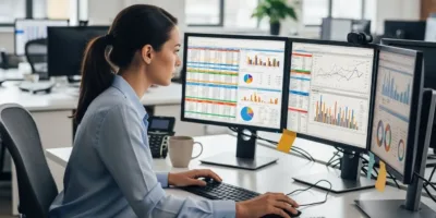 Uma mulher trabalhando em um computador em um escritório