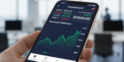 Uma pessoa segurando um telefone com um aplicativo financeiro na tela